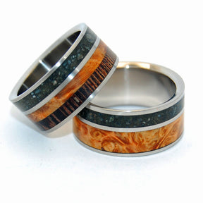 GO FORTH | Beach Sand & Golden Box Elder Wood - Unique Wedding Rings Set - Minter and Richter Designs