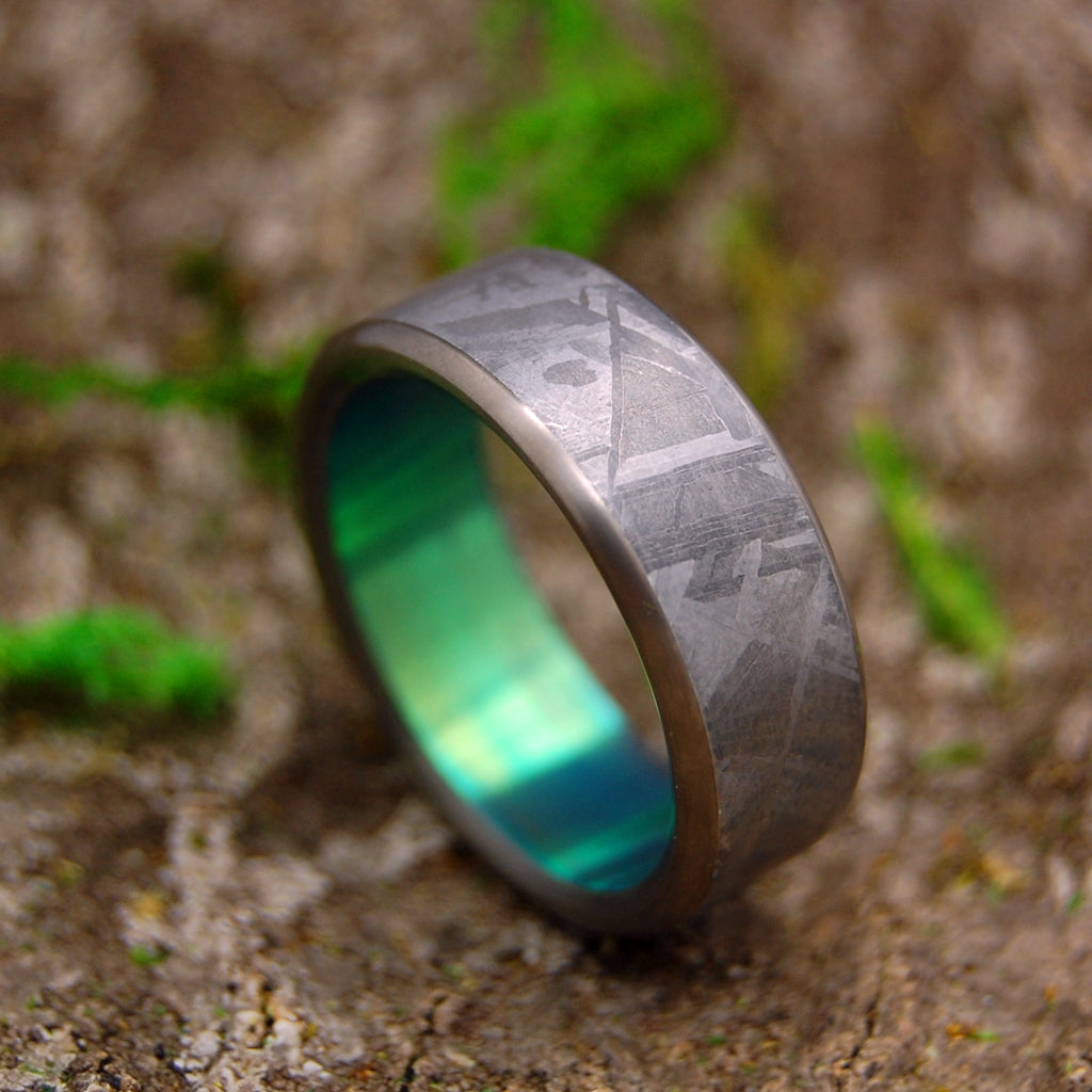 GREEN MOON LANDING | Meteorite & Green Anodized Titanium Wedding Rings - Minter and Richter Designs