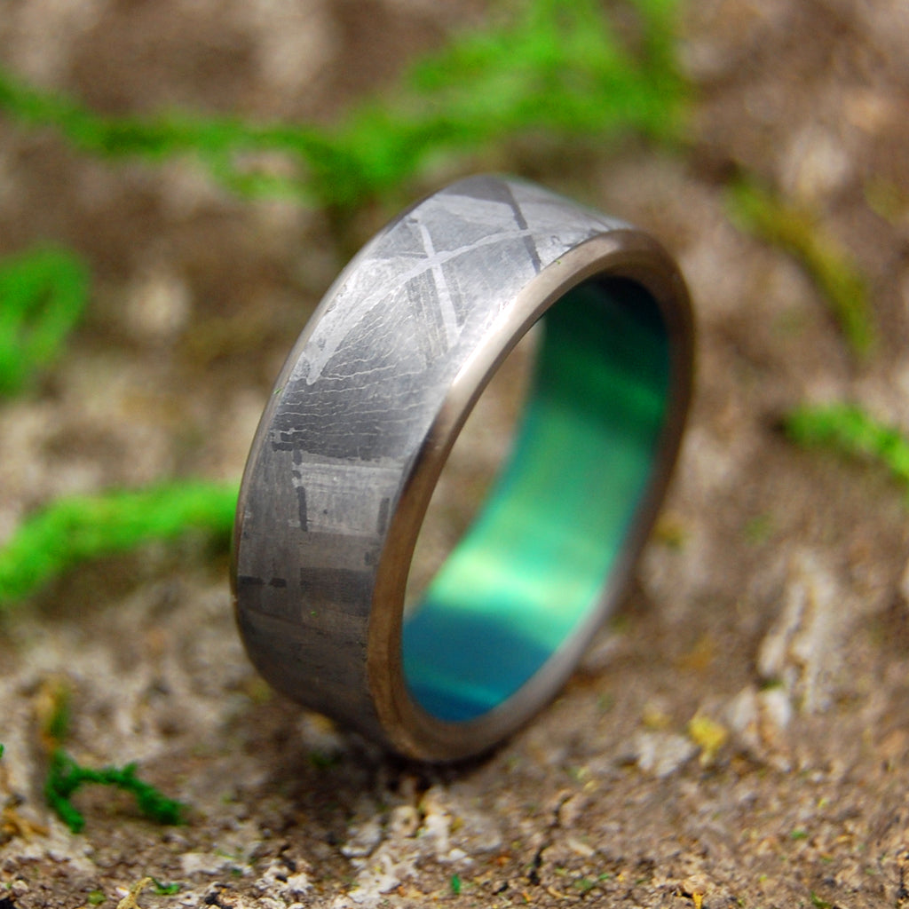 GREEN MOON LANDING | Meteorite & Green Anodized Titanium Wedding Rings - Minter and Richter Designs