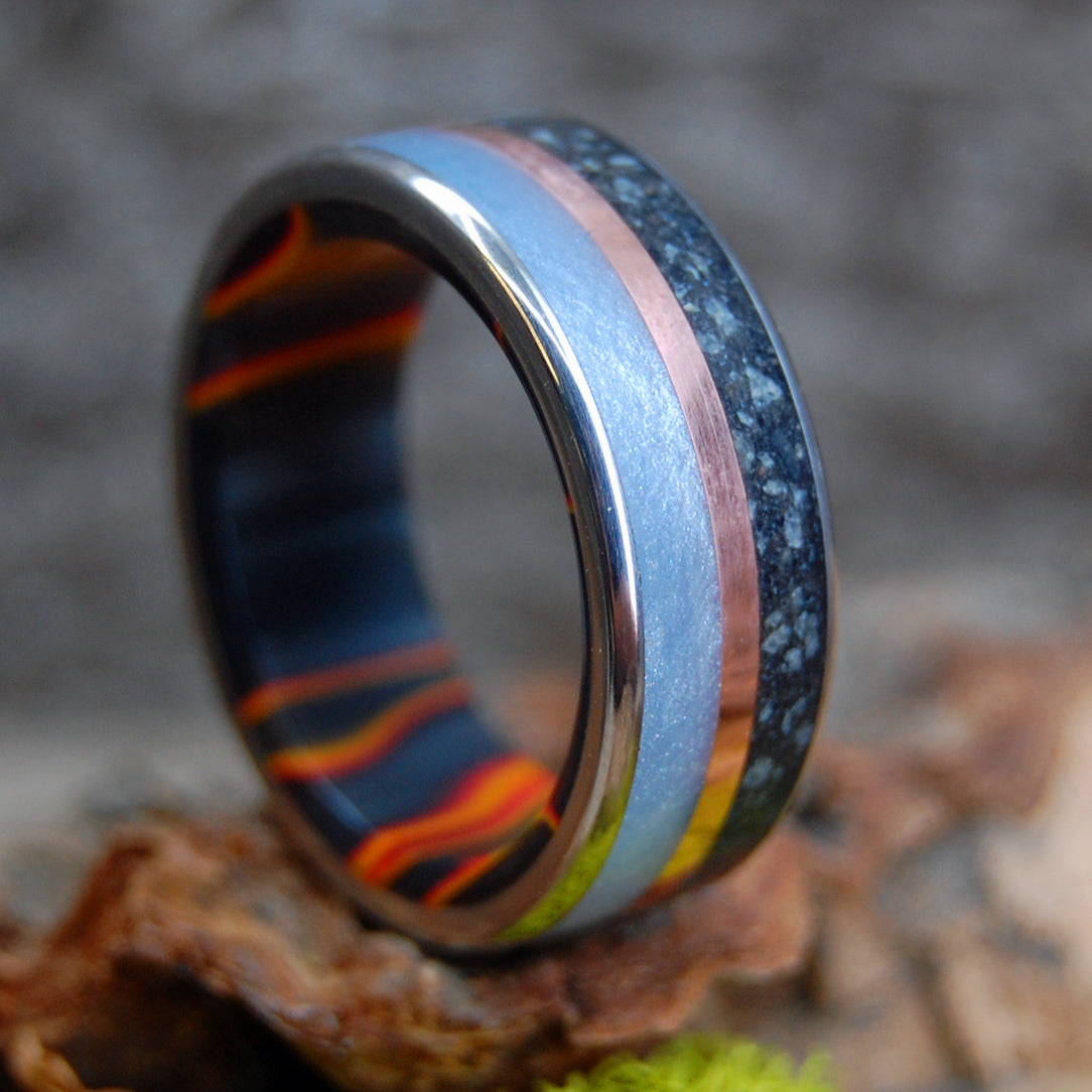 ICELANDIC LAVA SOLAR FLARE| Copper, Gray Marbled Opalescent, Icelandic Lava - Titanium & Copper Men's Wedding Rings - Minter and Richter Designs