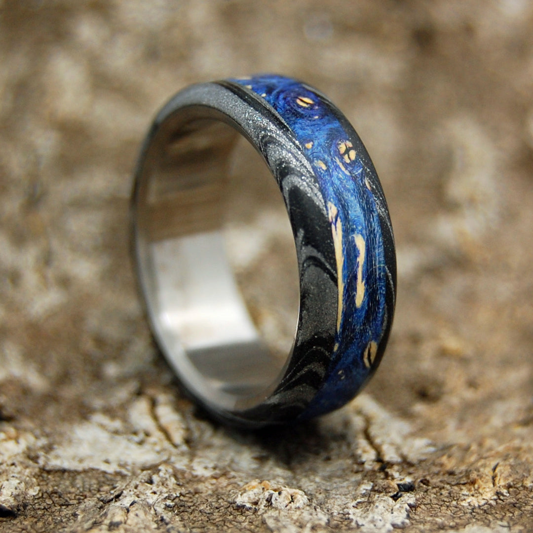 DARK GREEK GOD | Blue Wood & Black Silver M3 Mokume Gane Titanium Men's Wedding Rings - Minter and Richter Designs