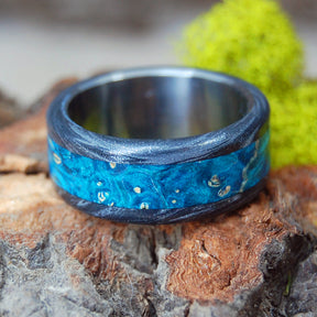 LIGHT GREEK GOD | Turquoise Blue Box Elder Wood & Black M3 Titanium Wedding Rings - Minter and Richter Designs
