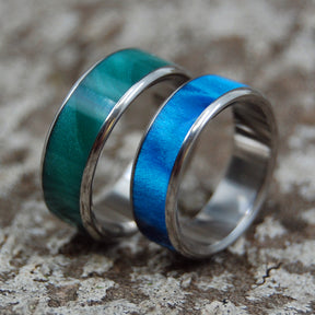 MY GREEN TO YOUR BLUE | Blue and Green Marbled Opalescent - Titanium Wedding Rings Set - Blue Wedding Rings - Minter and Richter Designs