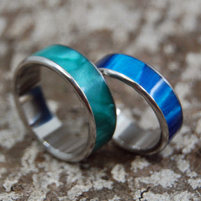 MY GREEN TO YOUR BLUE | Blue and Green Marbled Opalescent - Titanium Wedding Rings Set - Blue Wedding Rings - Minter and Richter Designs