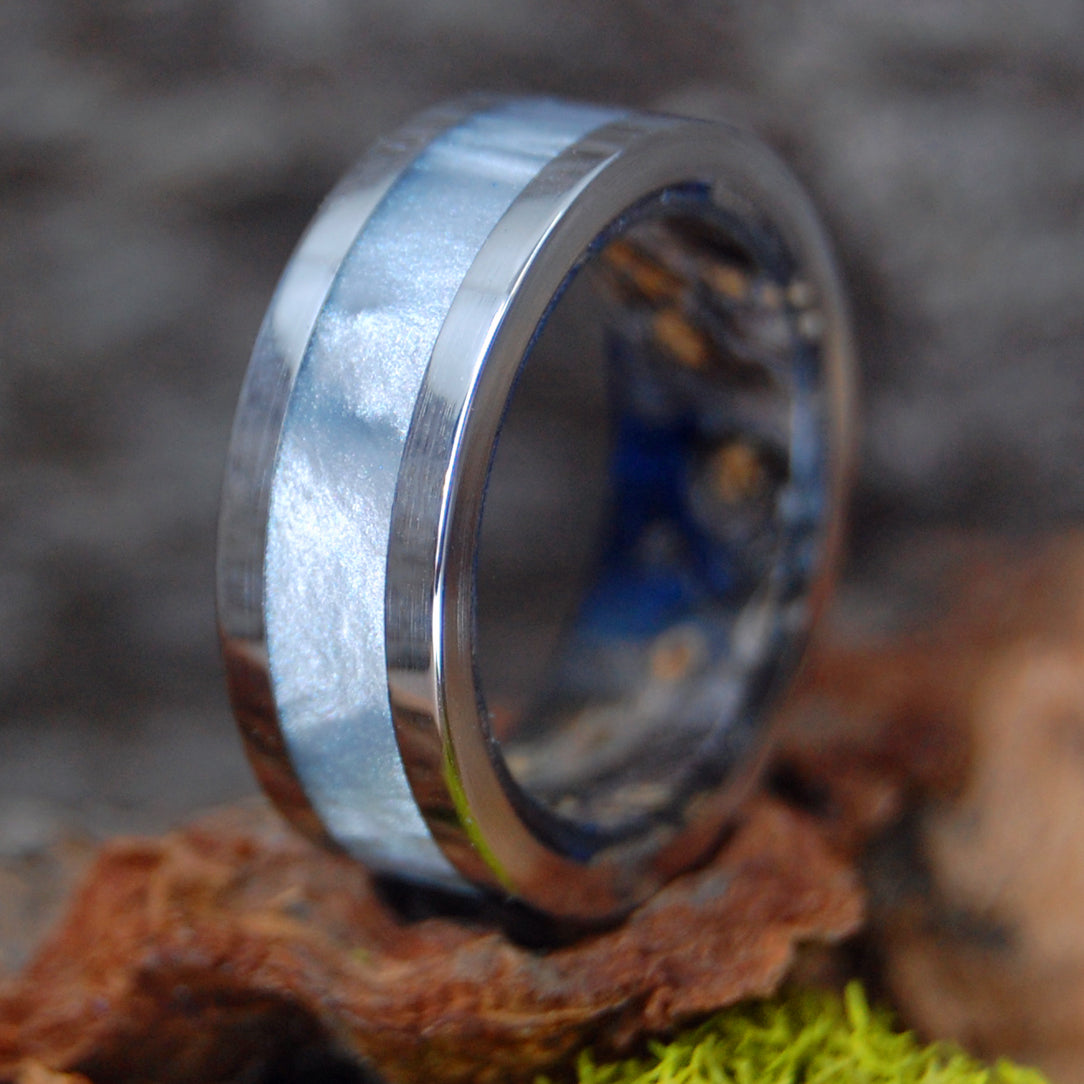 FOG MOUNTAIN | Blue Box Wood & Gray Marbled Resin - Unique Wedding Rings Titanium Rings - Minter and Richter Designs