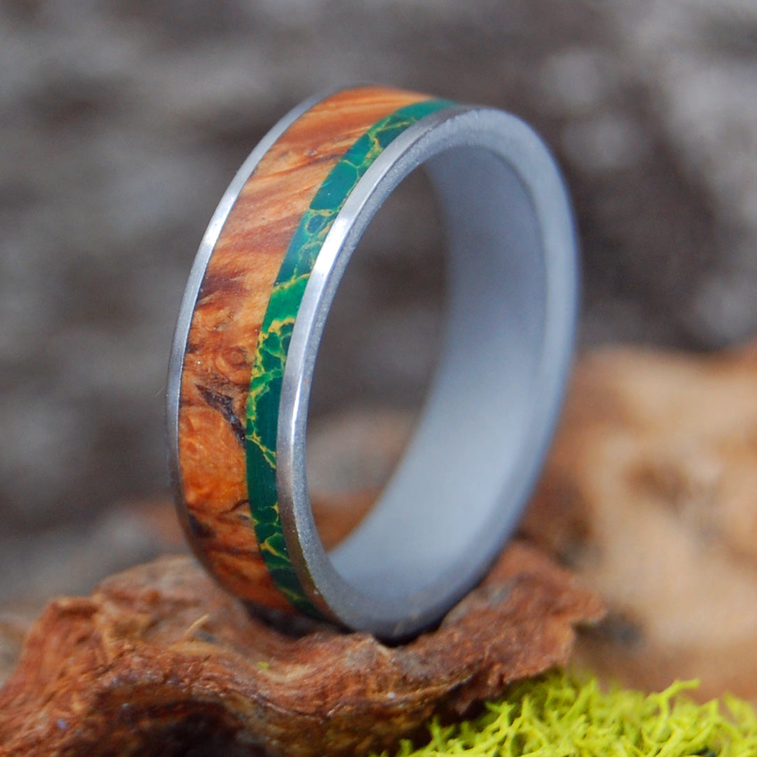 HOLD MY HAND SANDBLASTED and SATIN | Egyptian Jade & Wood Wedding Rings - Minter and Richter Designs