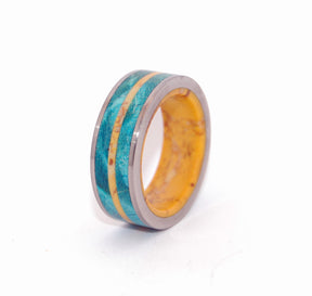 TORNADO OF DESIRE AND SUNSHINE | Yellow Jasper Stone & Blue Box Elder Wood Titanium Women's Wedding Ring - Minter and Richter Designs