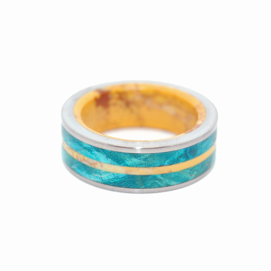 TORNADO OF DESIRE AND SUNSHINE | Yellow Jasper Stone & Blue Box Elder Wood Titanium Women's Wedding Ring - Minter and Richter Designs