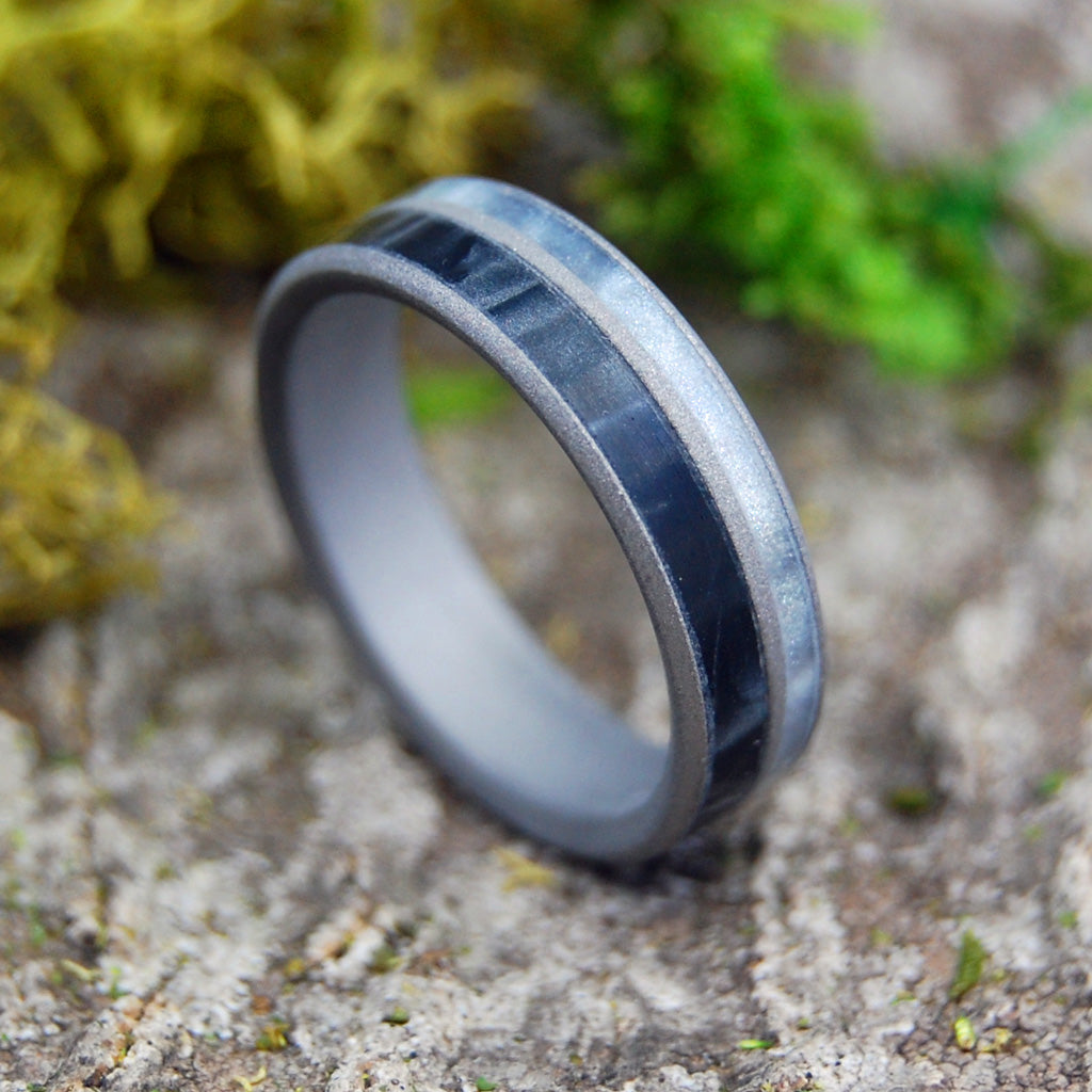I MEAN BUSINESS | Black & Gray Pearl Marbled Resin Titanium Wedding Rings - Minter and Richter Designs
