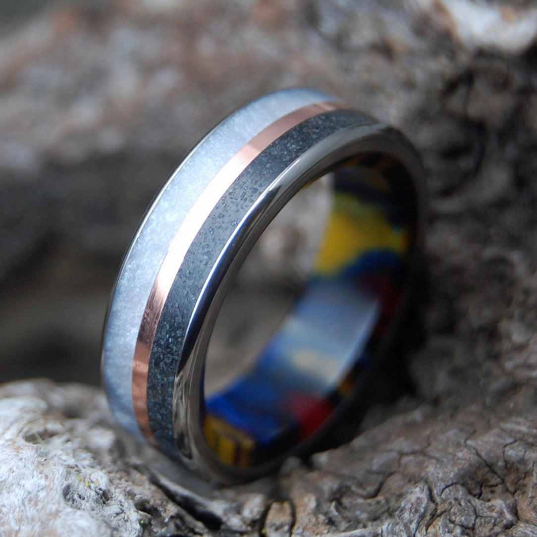 ICELANDIC LAVA BURST | Copper, Gray Marbled Opalescent, Icelandic Lava - Titanium & Copper Men's Wedding Rings - Minter and Richter Designs