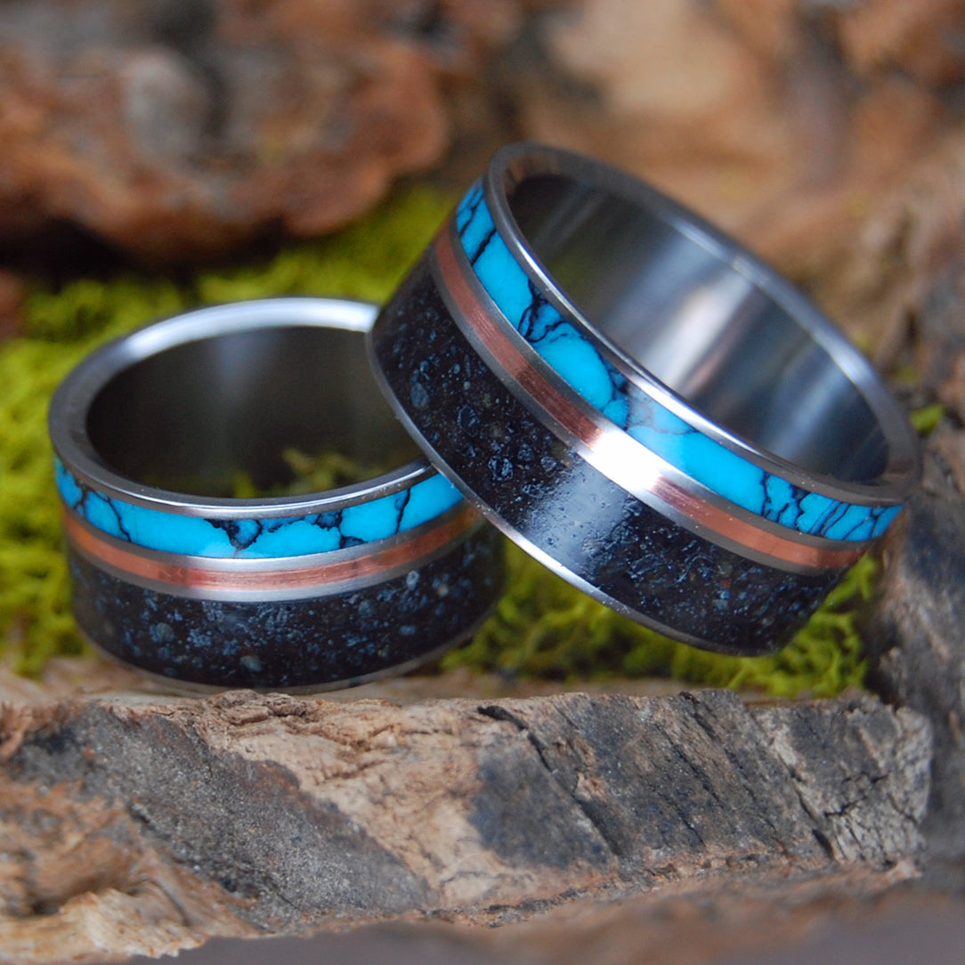 I LAVA ICELAND | Icelandic Beach Sand, Turquoise & Copper - Wedding Rings Set - Minter and Richter Designs