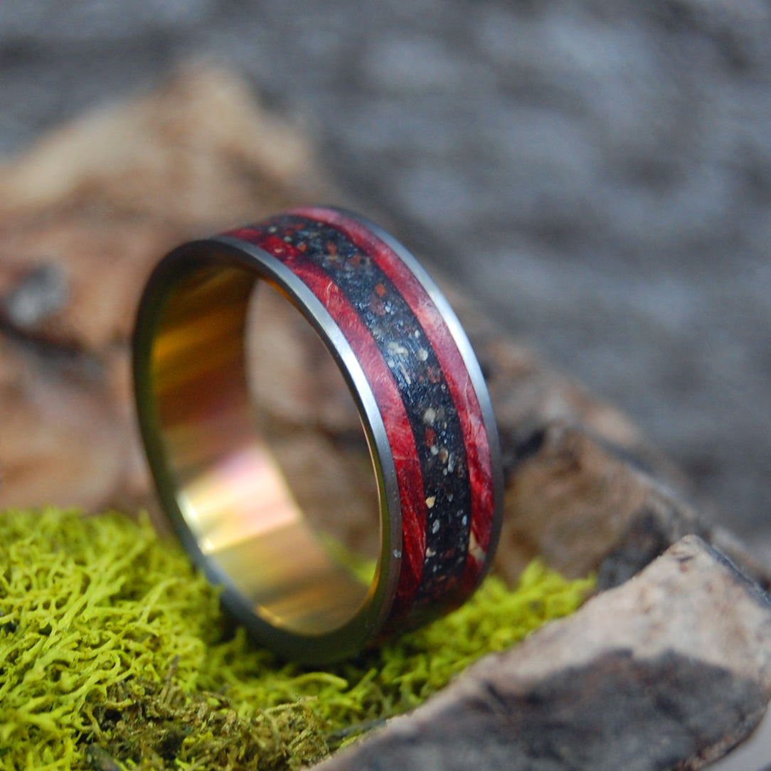 HEAT ACROSS THE LAND | Wood & Beach Sand Rings - Hawaiian Wedding Ring - Unique Wedding Rings - Minter and Richter Designs
