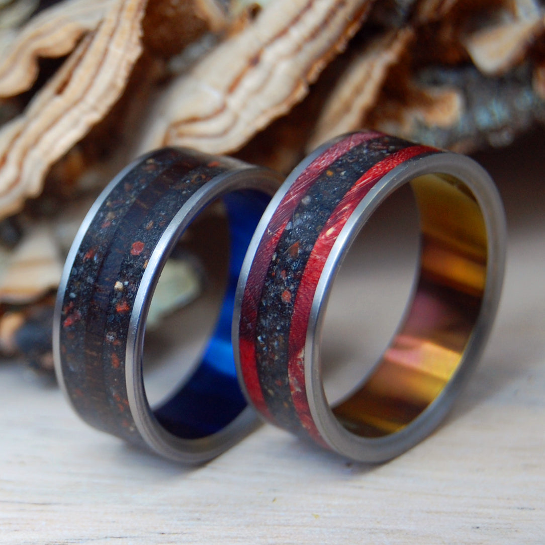 HEAT & COOL ACROSS THE LAND | Wood & Beach Sand Rings - Hawaiian Wedding Ring - Unique Wedding Rings - Minter and Richter Designs