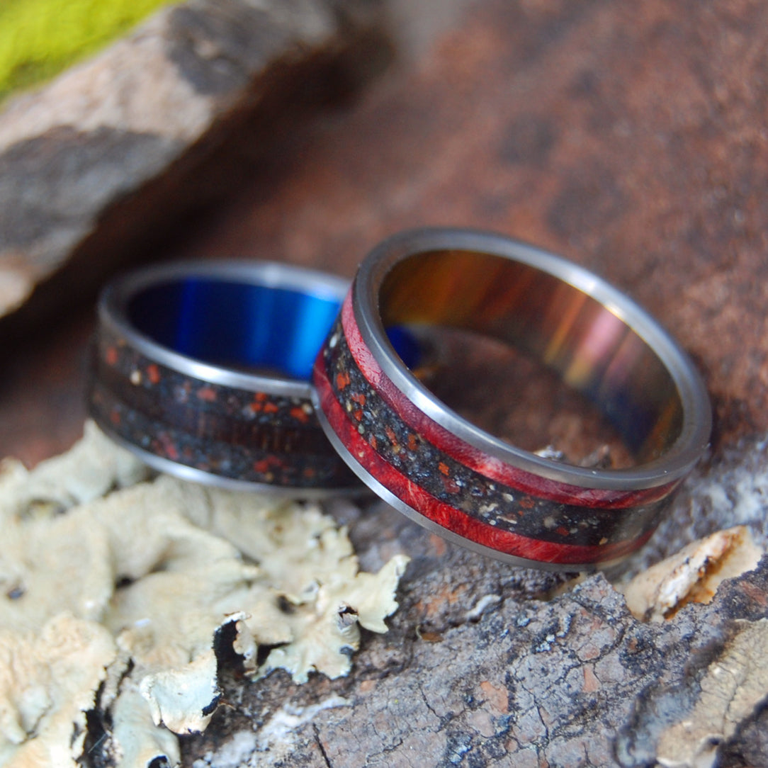 HEAT & COOL ACROSS THE LAND | Wood & Beach Sand Rings - Hawaiian Wedding Ring - Unique Wedding Rings - Minter and Richter Designs