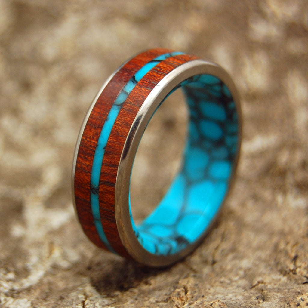 IN THE MIDST OF THE WATERS | Bloodwood & Turquoise Titanium Wedding Rings - Minter and Richter Designs