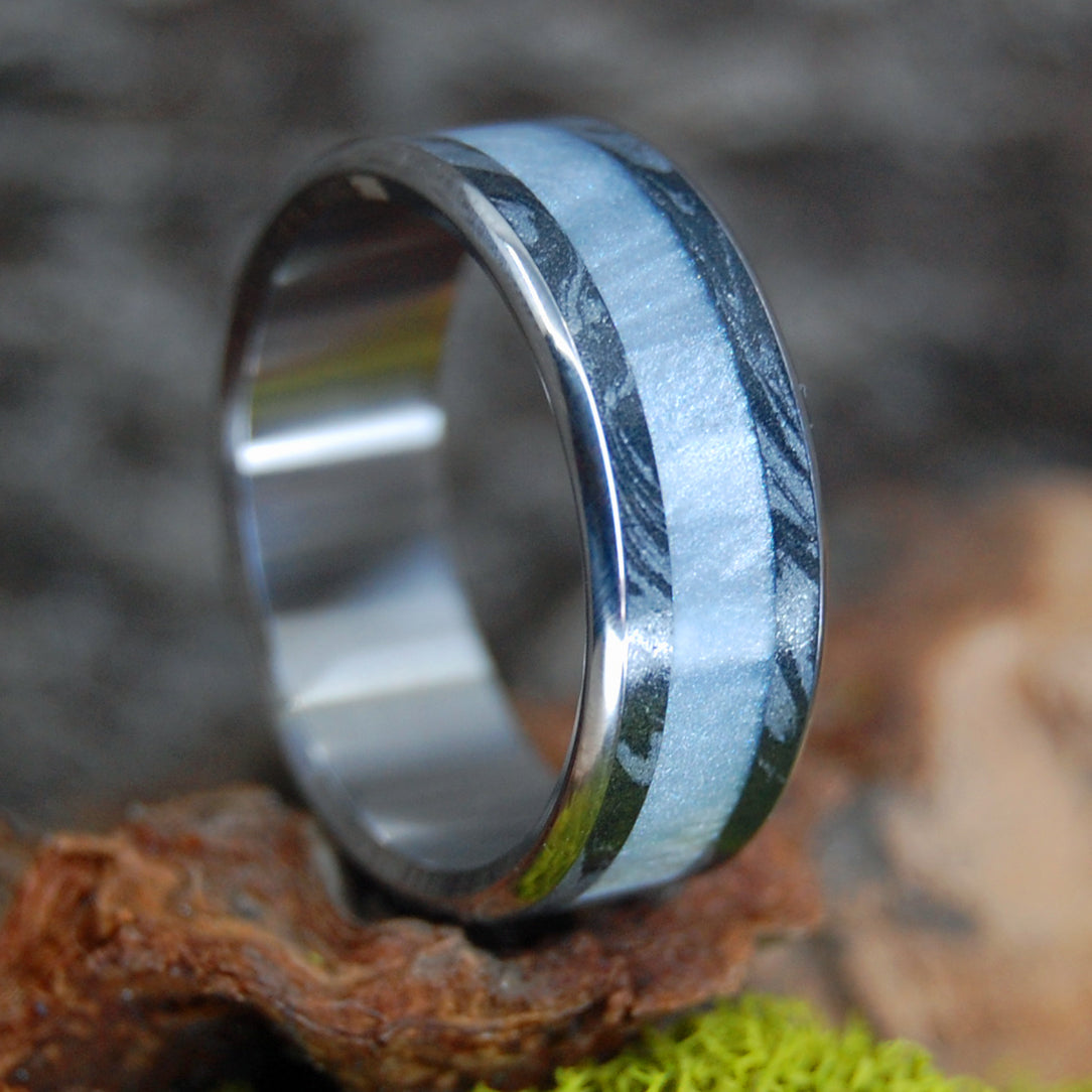 INTERSTELLAR GLADIATOR | Gray Marbled Resin & Mokume Gane Wedding Ring - Minter and Richter Designs