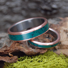 JADE SEA | Imperial Jade Stone, Copper & Titanium Wedding Rings - Wedding Bands Pair - Minter and Richter Designs