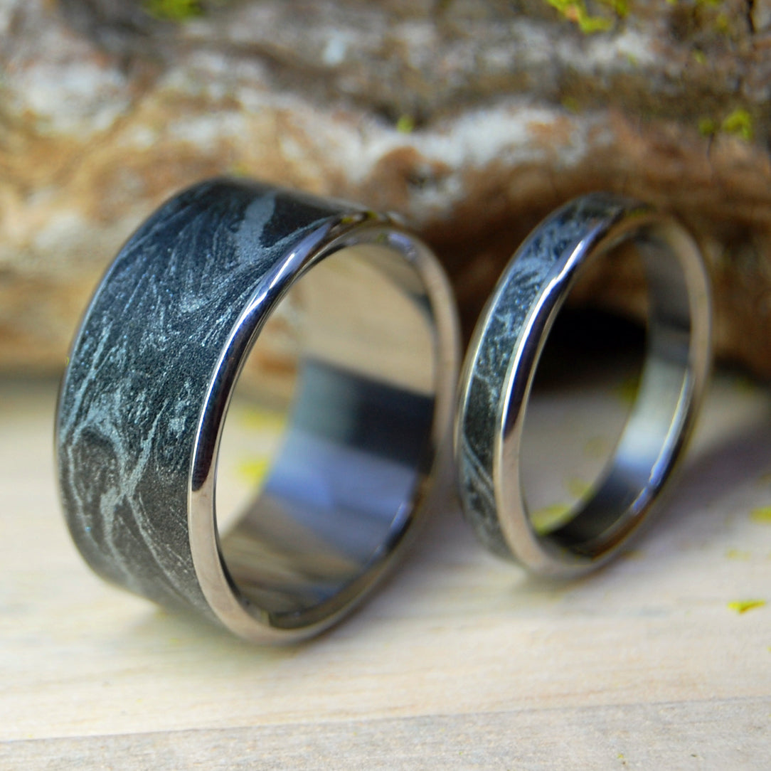 KATANA | Black Silver M3 Mokume Gane & Titanium - Black Wedding Rings - Unique Wedding Rings Sets - Minter and Richter Designs