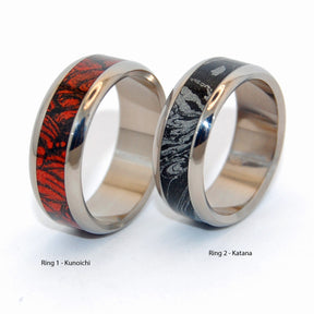 KATANA RED & BLACK |  M3 Mokume Gane & Titanium - Black Wedding Rings - Unique Wedding Rings Sets - Minter and Richter Designs