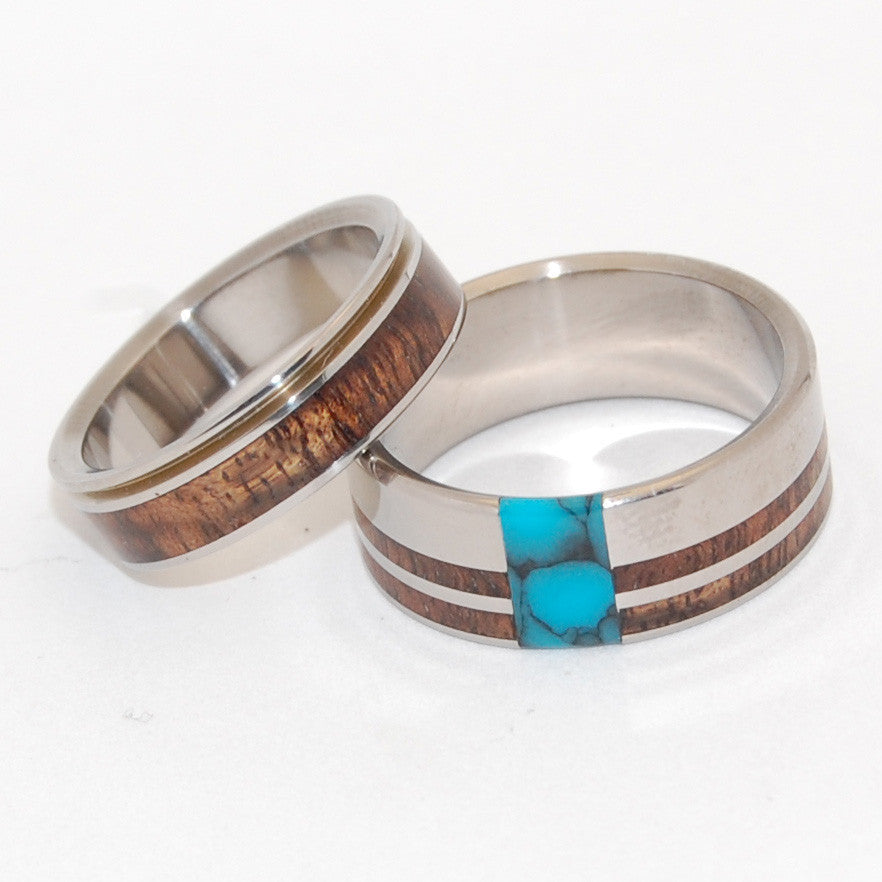 PU'UWAI & COMET | Turquoise Stone, Hawaiian Koa Wood & Titanium - Wooden Wedding Rings - Minter and Richter Designs