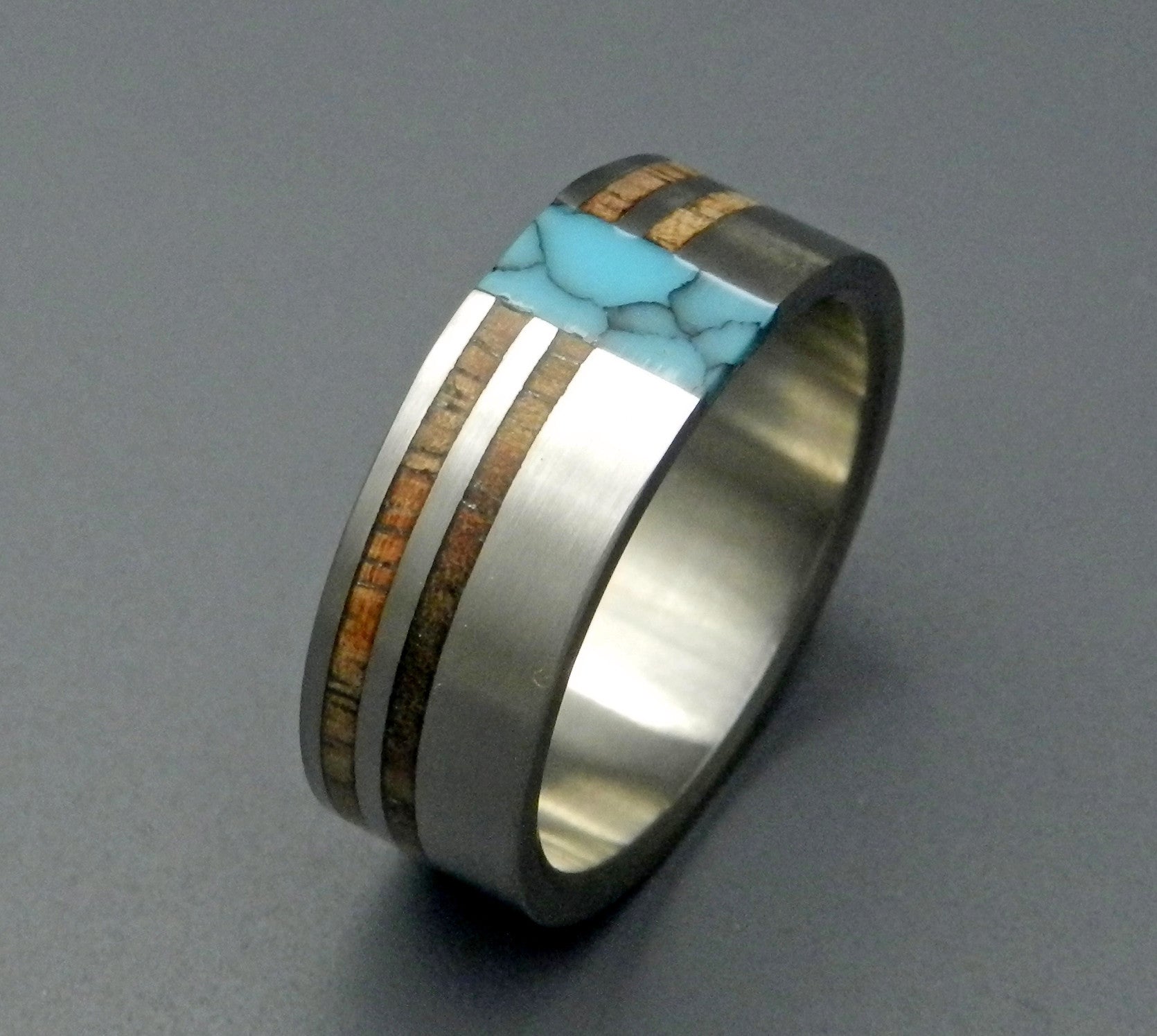 KOA COMET CONSTELLATION | Turquoise Stone & Hawaiian Koa Wood - Handcrafted Titanium Wedding Rings - Minter and Richter Designs