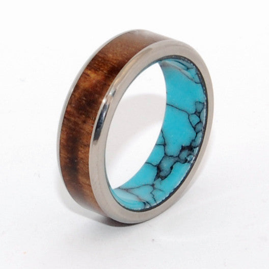 LET THERE BE | Turquoise Stone, Hawaiian Koa Wood & Titanium - Unique Wedding Rings - Minter and Richter Designs