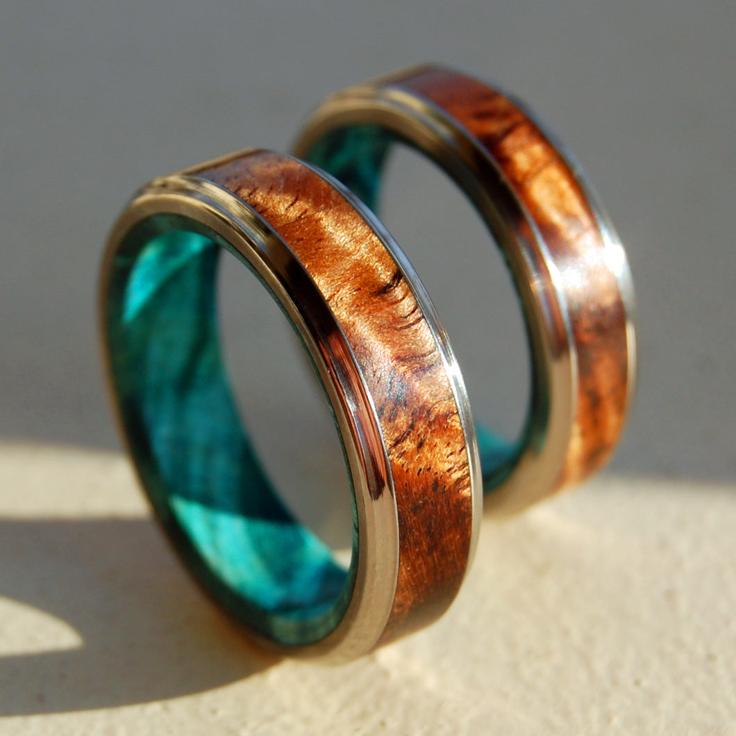 TURQUOISE NIGHT | Hawaiian Koa Wood & Titanium - Unique Wedding Rings - Wedding Rings Set - Minter and Richter Designs