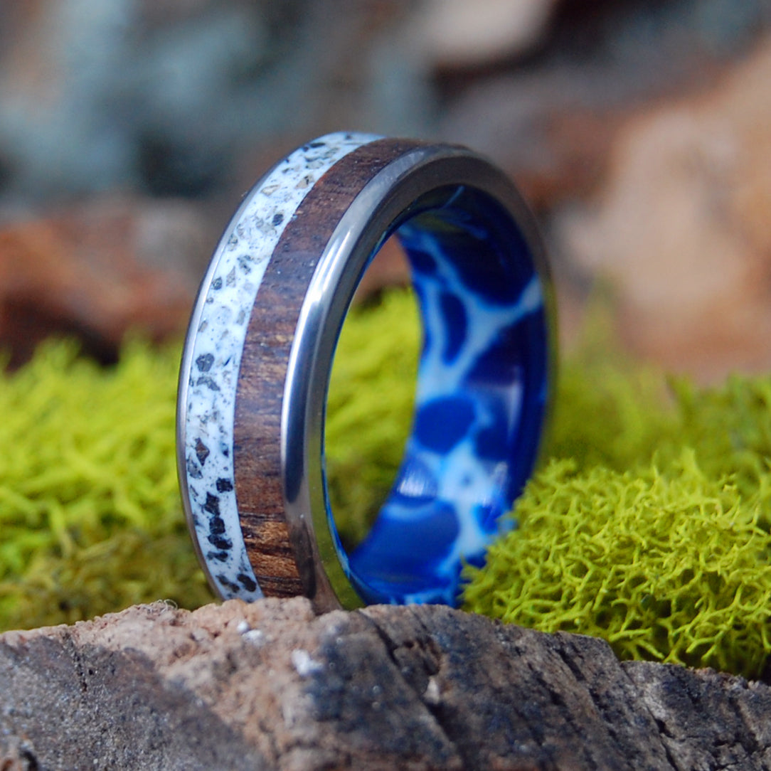 NORWAY BEACH SAND KOA COBALT | Cobalt Stone, Koa Wood & Beach Sand - Titanium Wedding Ring - Minter and Richter Designs