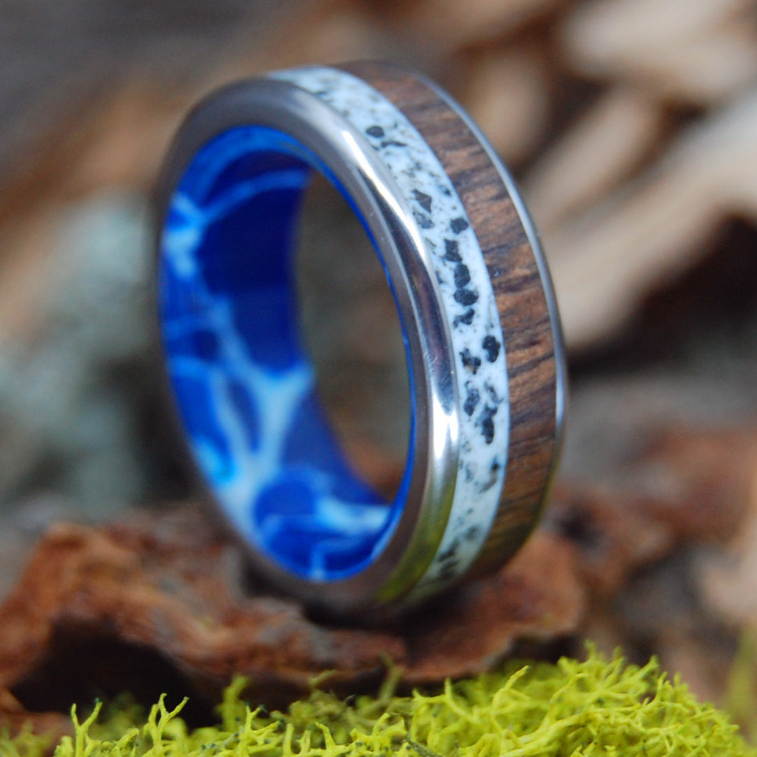 NORWAY BEACH SAND KOA COBALT | Cobalt Stone, Koa Wood & Beach Sand - Titanium Wedding Ring - Minter and Richter Designs