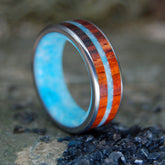 MAN FROM THE SEA | Cocobolo Wood & Dominican Larimar Stone Titanium Wedding Rings - Minter and Richter Designs