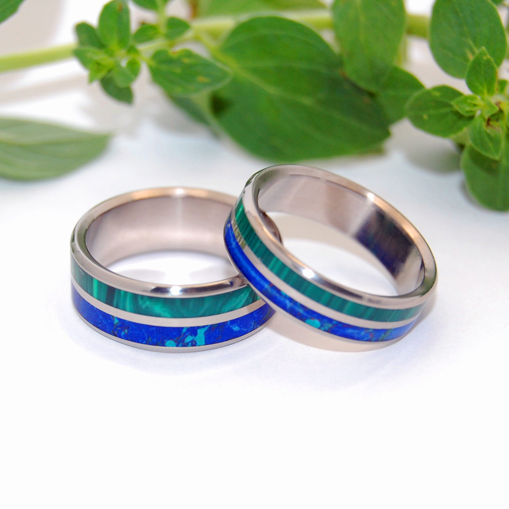 CAN'T HOLD US BACK | Malachite Stone, Azurite Stone & Titanium - Unique Wedding Rings - Wedding Rings Set - Minter and Richter Designs