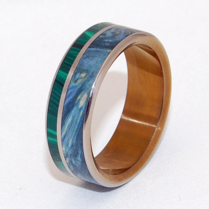 ANTIGONE | Malachite Stone & Wood Titanium Wedding Rings - Minter and Richter Designs