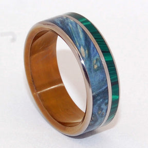 ANTIGONE | Malachite Stone & Wood Titanium Wedding Rings - Minter and Richter Designs
