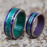RIDERS OF THE PURPLE SAGE | Malachite, Jade and Purple Marbled Opalescent - Unique Wedding Rings - Wedding Rings Set - Minter and Richter Designs