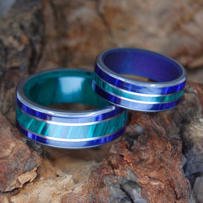 RIDERS OF THE PURPLE SAGE | Malachite, Jade and Purple Marbled Opalescent - Unique Wedding Rings - Wedding Rings Set - Minter and Richter Designs