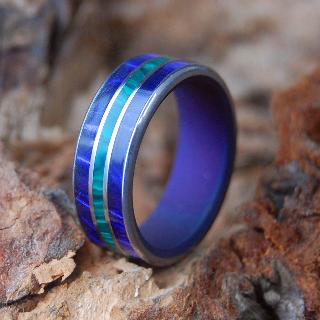 RIDERS | Malachite and Purple Marbled Opalescent - Unique Wedding Rings - Minter and Richter Designs