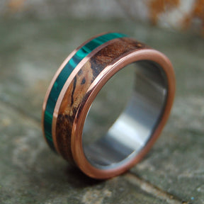 COPPER LIGHT | Titanium, Spalted Maple & Malachite Stone Handcrafted Wedding Bands - Minter and Richter Designs
