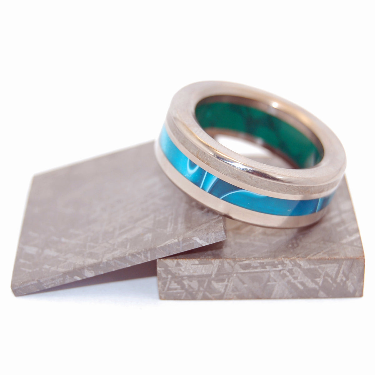 GO BOLD OR GO HOME | Meteorite & Jade Stone & Aquatic Blue Resin Unique Wedding Rings - Minter and Richter Designs