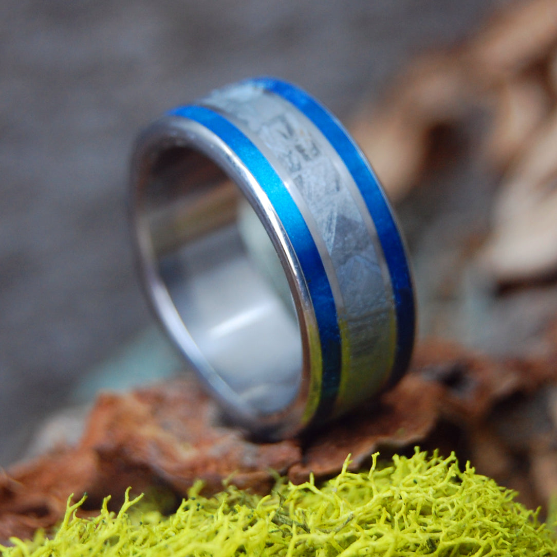 BLUE MARBLED METEORITE | Blue Marbled Opalescent & Meteorite Titanium Wedding Rings - Minter and Richter Designs