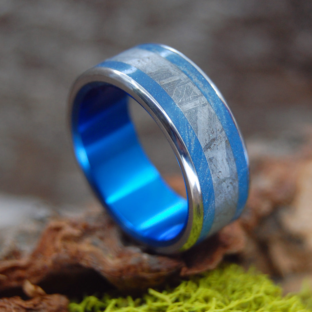 EVERY KNEE SHALL BOW BLUE | Meteorite & Blue M3 Titanium Men's Wedding Rings - Minter and Richter Designs