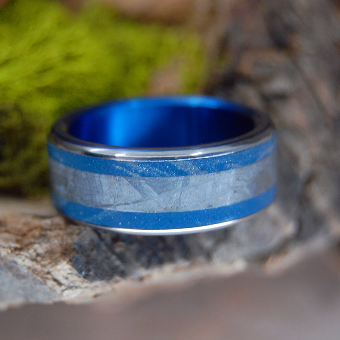 EVERY KNEE SHALL BOW BLUE | Meteorite & Blue M3 Titanium Men's Wedding Rings - Minter and Richter Designs