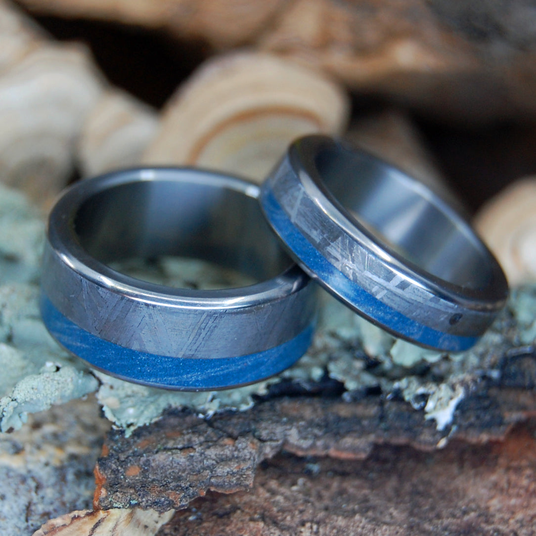 METEORITE HITS THE SEA | Meteorite & Blue Silver Mokume Gane M3 - Titanium Men's Wedding Rings set - Minter and Richter Designs