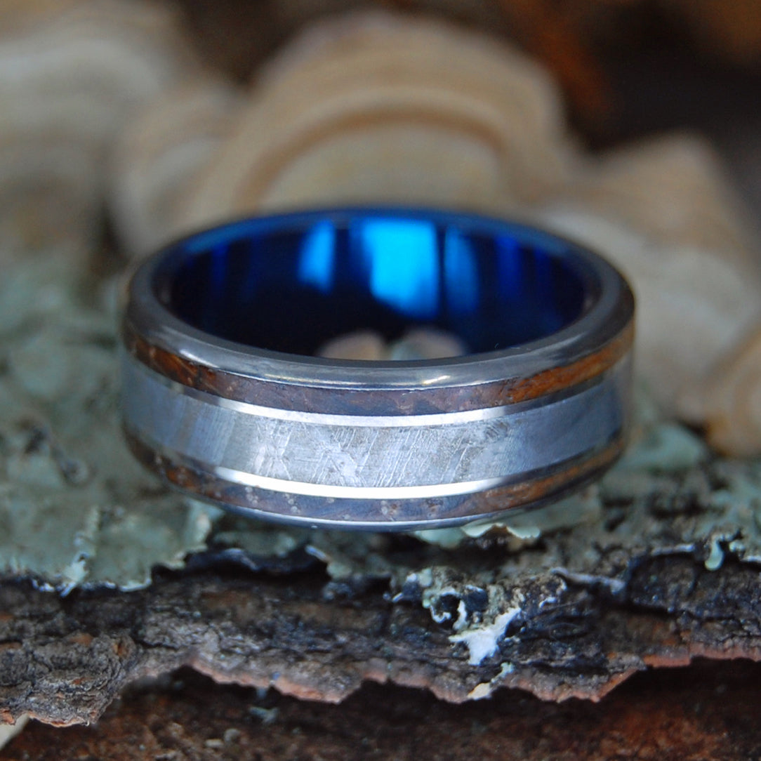 A DRINK TO THE MOON | Meteorite & Whiskey Barrel Wedding Rings - Minter and Richter Designs