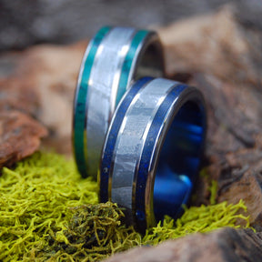 METEORITE SO HOT AND MIDNIGHT SET | Meteorite & Jade & Beach Sand Titanium Wedding Rings set - Minter and Richter Designs