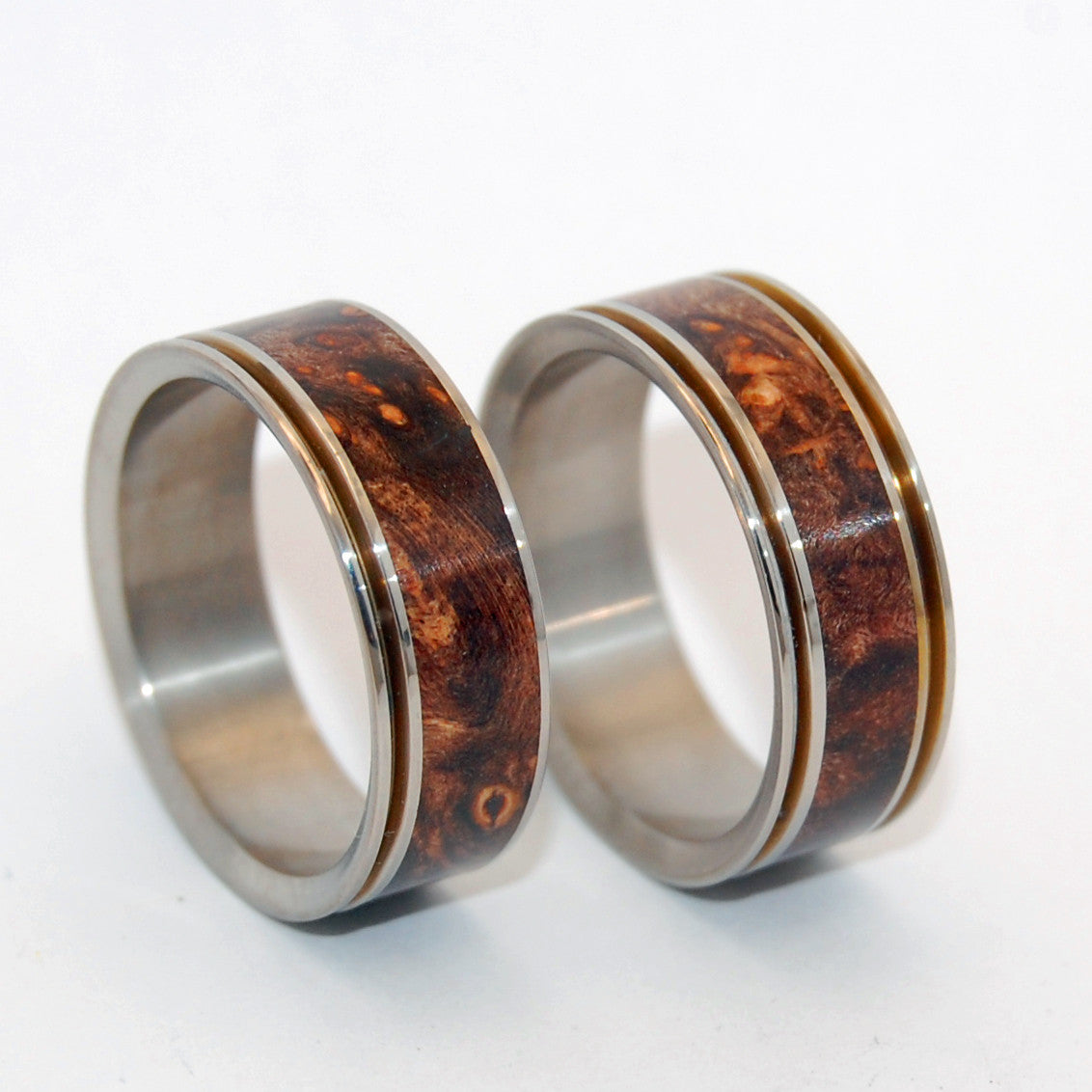 MIRACLES HAPPEN | Dark Maple Wood & Titanium - Unique Wedding Rings Set - Minter and Richter Designs