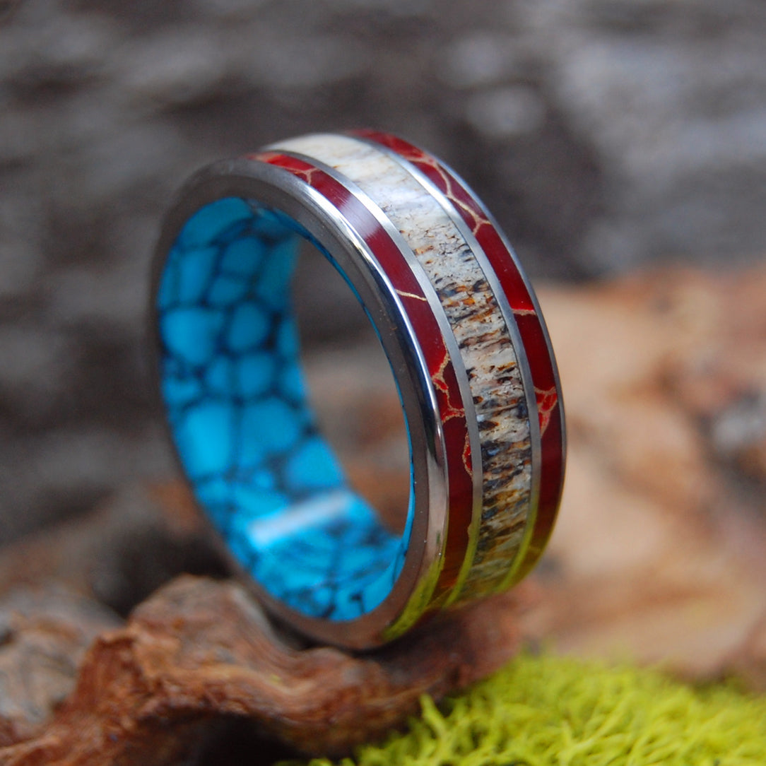 RED JASPER TURQUOISE MOOSE OFF MAINE | Azurite & Moose Antler Wedding Rings - Minter and Richter Designs