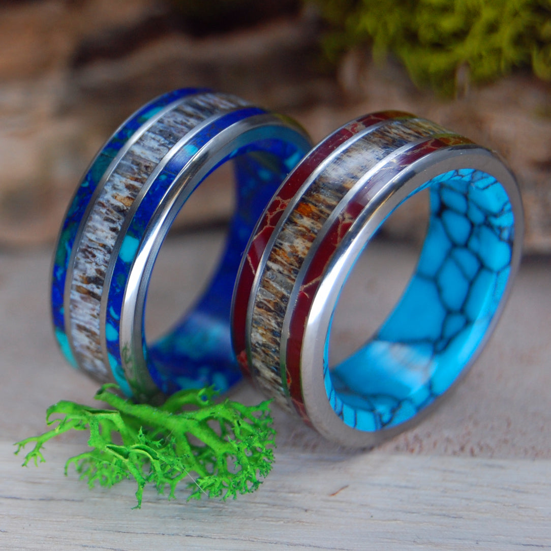 MULTI STONE MOOSE OFF MAINE SET | Moose Antler & Turquoise, Red Jasper and Spotted Azurite - Titanium Wedding Ring Set - Minter and Richter Designs