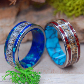 MULTI STONE MOOSE OFF MAINE SET | Moose Antler & Turquoise, Red Jasper and Spotted Azurite - Titanium Wedding Ring Set - Minter and Richter Designs