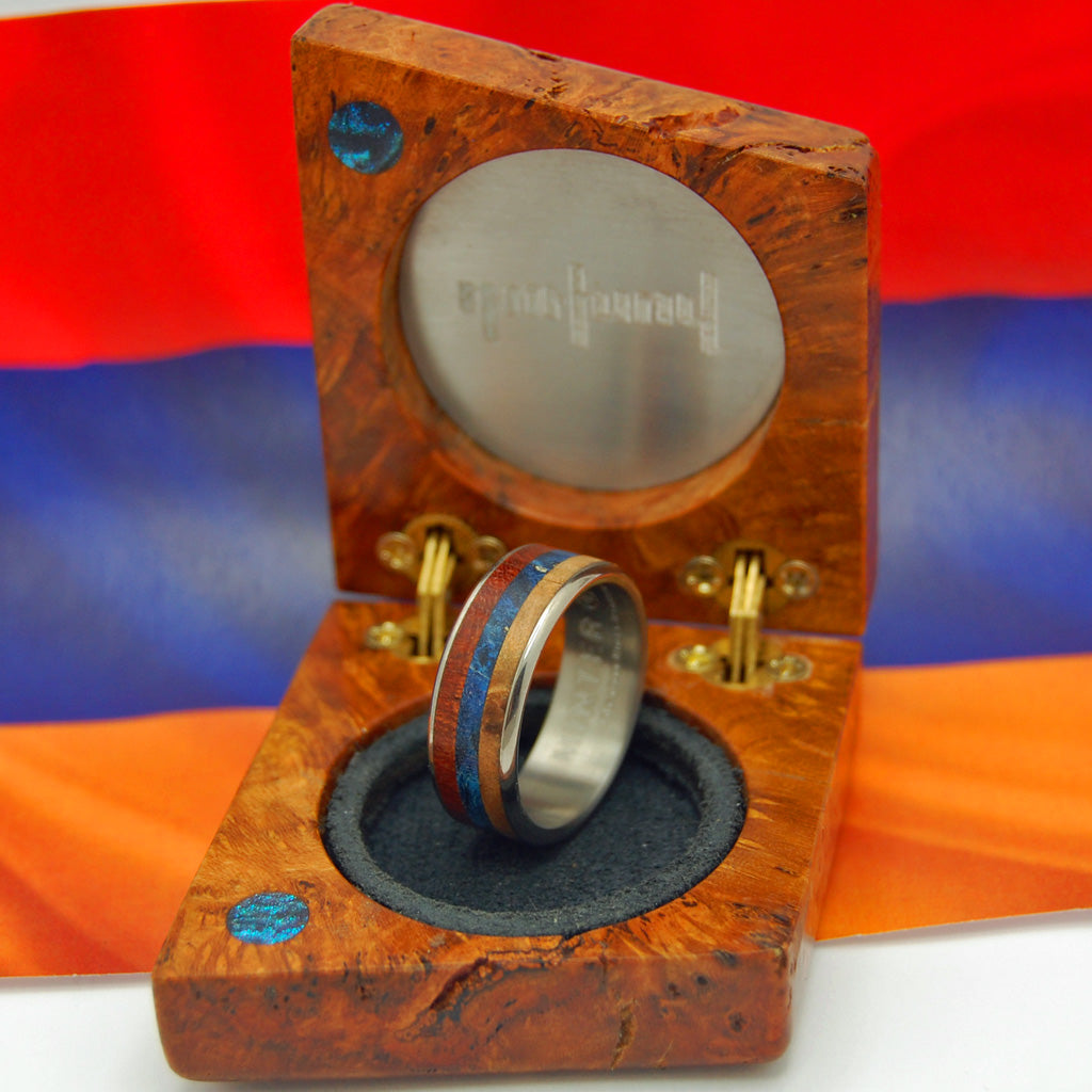 DUKHOV! | Bloodwood, Blue Box Elder Wood & Light Orange Maple Titanium Wedding Ring - Minter and Richter Designs