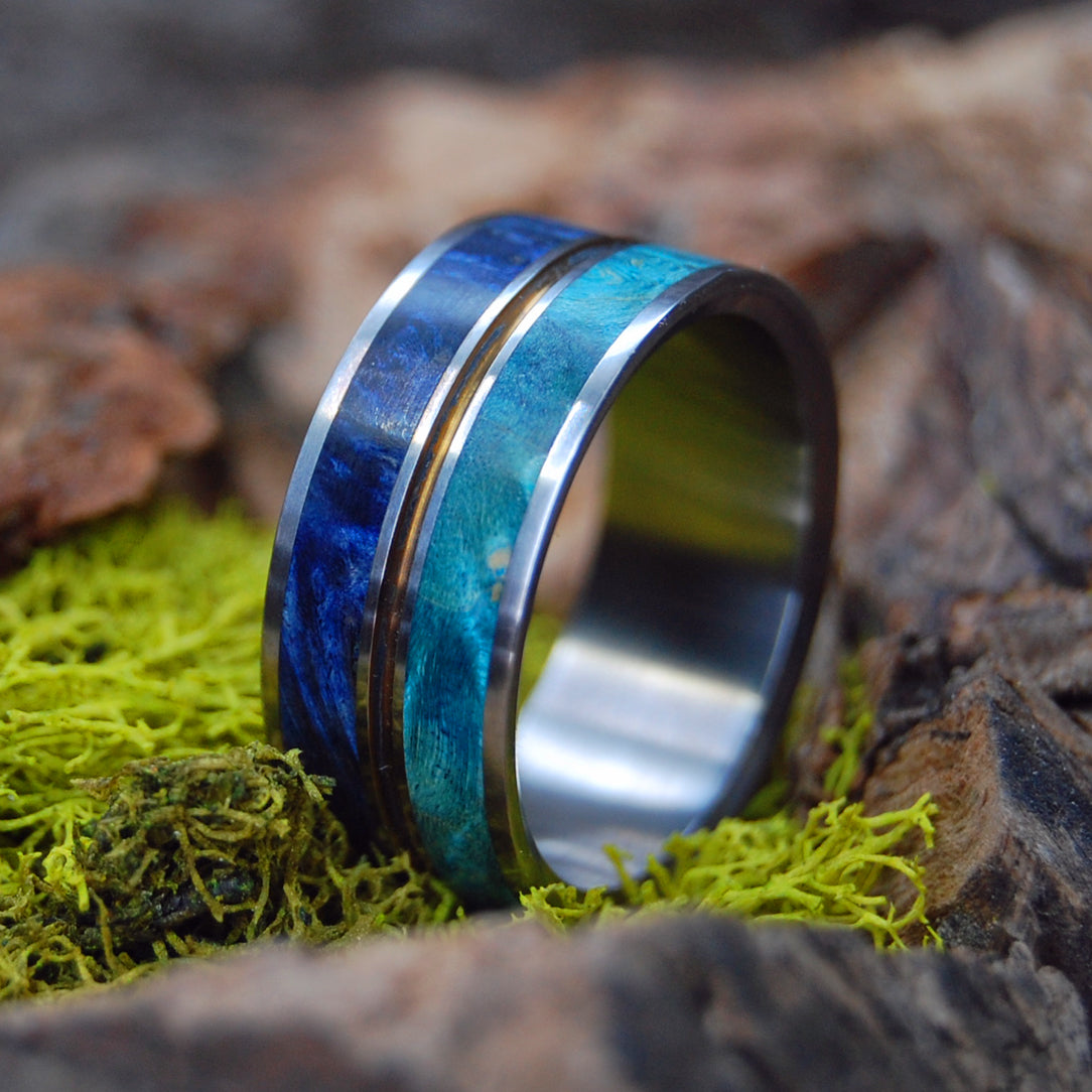 NOTHING BUT BLUE SKIES | NOTHING BUT BLUE SKIES | Light Blue Box Elder & Dark Blue Box Elder - Unique Wedding Rings - Wedding Ring - Minter and Richter Designs